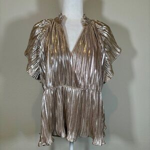NWOT THML Metallic Gold Pleated Peplum Blouse Size Medium
